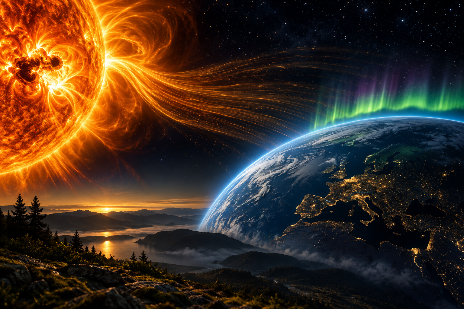 Kosmisches Wetter: Starker Sonnenwind trifft auf die Erde – Illustration zum kosmischen Wetter am 8. September 2026 mit Sonne, Erde und Polarlicht.
