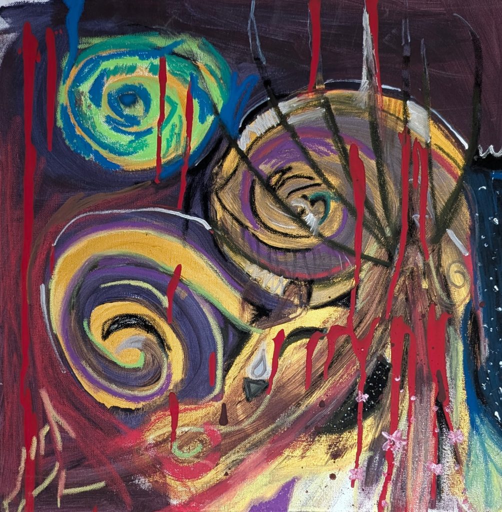 Expressionistisches Originalgemälde von Claire Solf, 50 × 50 cm, Acryl, Ölkreide und Lack auf Leinwand.