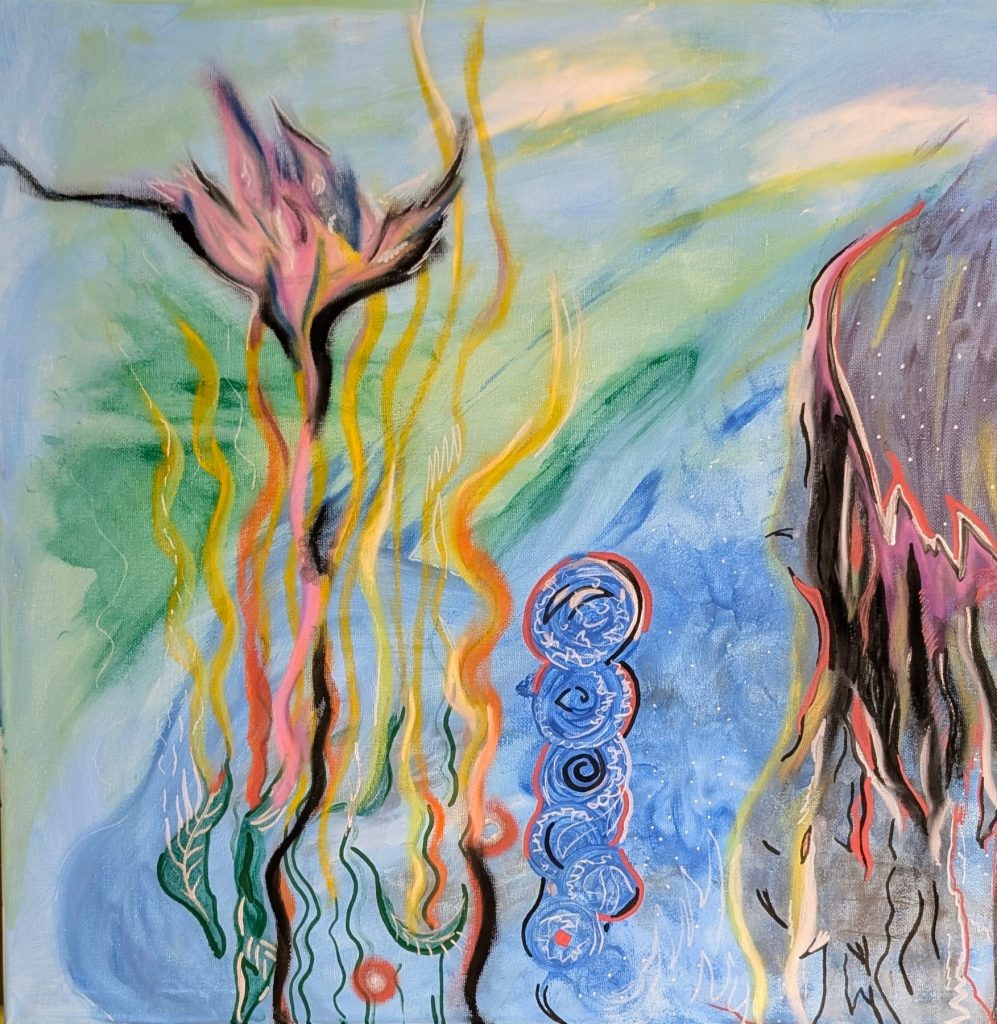 Expressionistisches Originalgemälde von Claire Solf, 50 × 50 cm, Acryl, Ölkreide und Lack auf Leinwand.