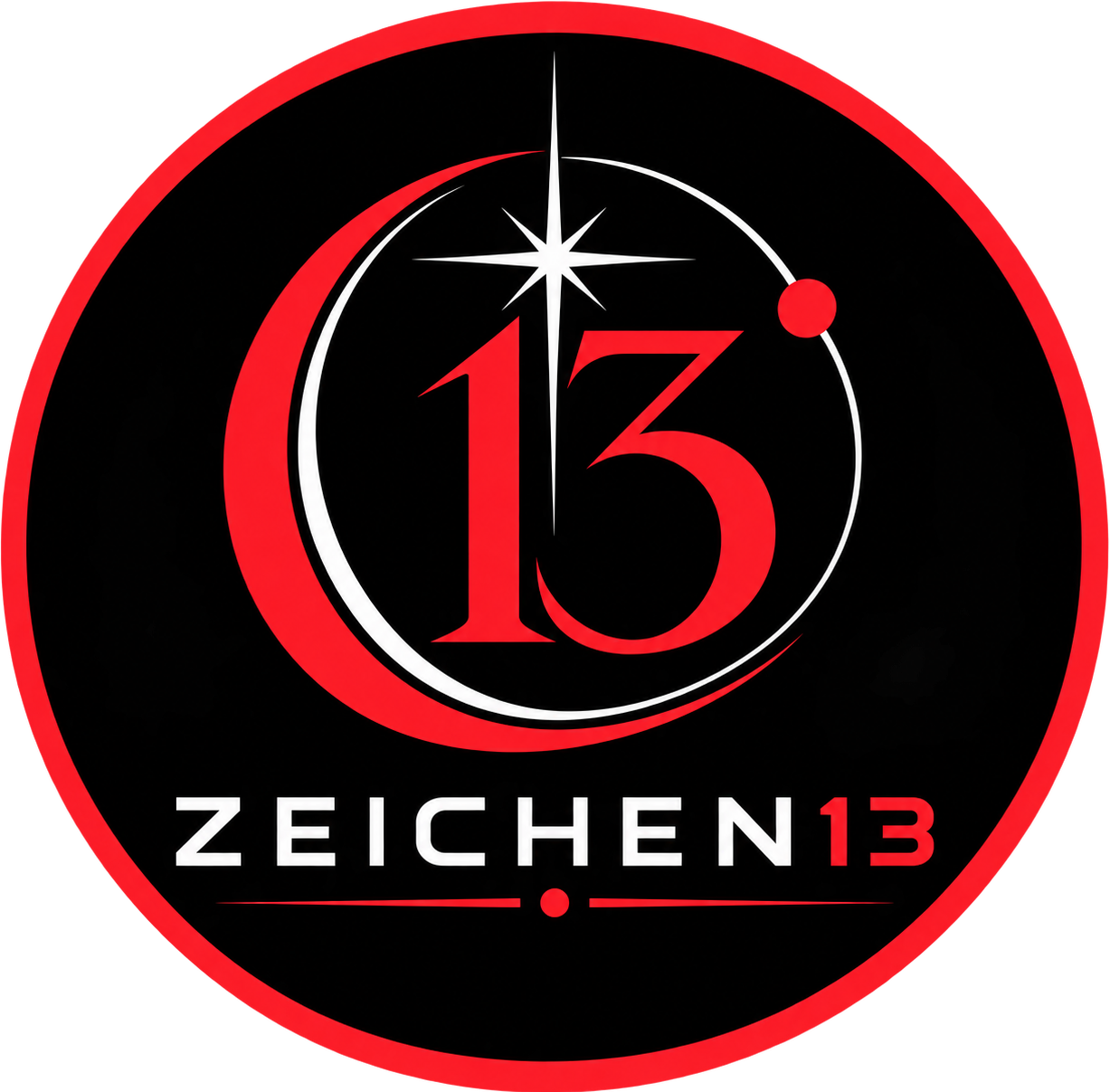 rundes Logo der Website Zeichen 13 in rot-schwarz-weiß
