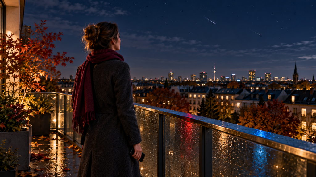 Mondkalender 20.–22. Oktober 2026: Eine Frau im dunklen Mantel und roten Schal blickt von einem regennassen Balkon auf die herbstliche Stadt und zwei Orioniden am Nachthimmel.