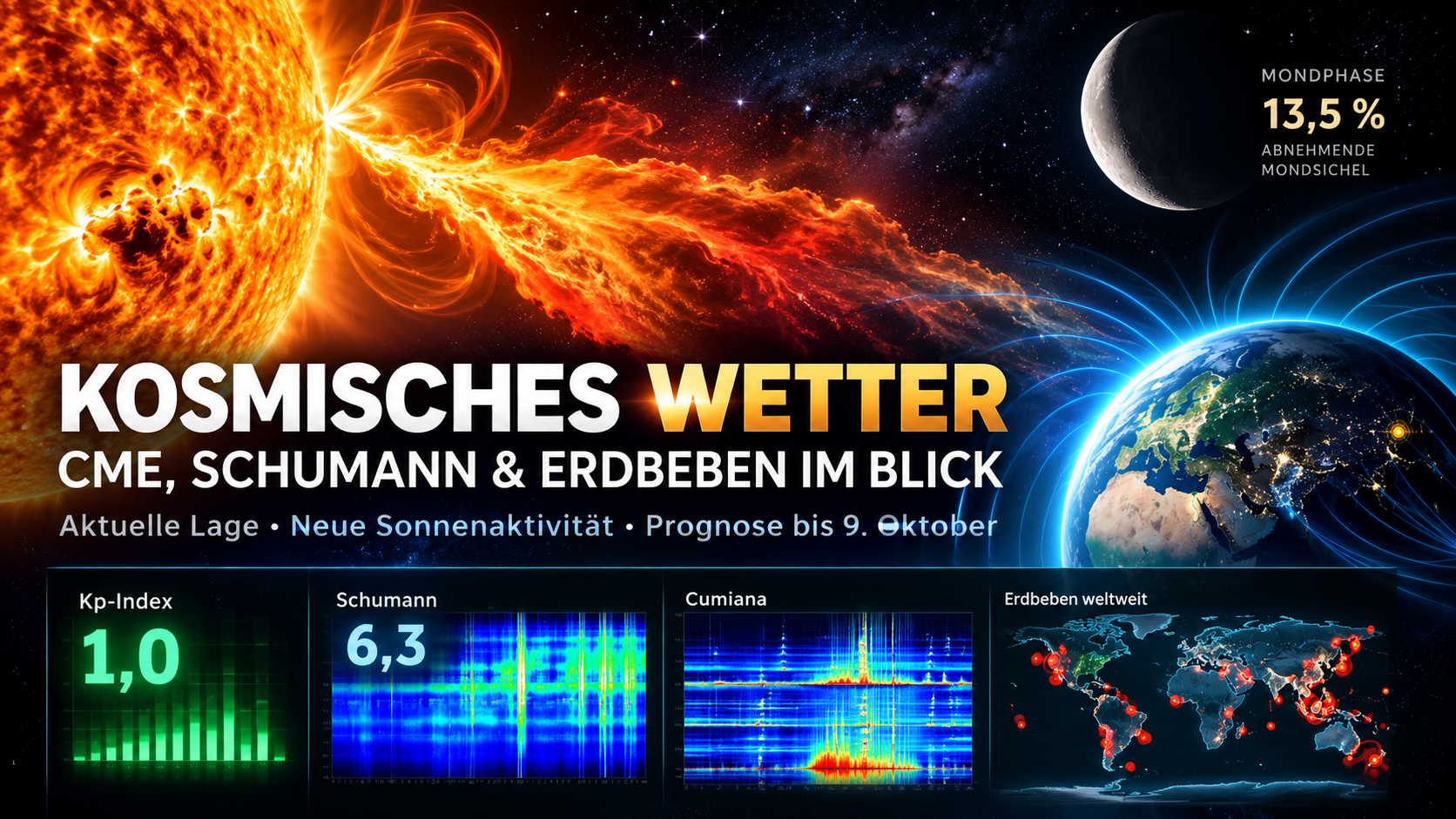 Kosmisches Wetter am 7. Oktober 2026 mit CME, Schumann-Resonanz, Kp-Index, Cumiana, Erdbeben und abnehmender Mondsichel.