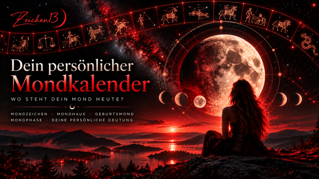 Persönlicher Mondkalender von Zeichen13 mit Mondphasen, Sternbildern und astrologischem Häuserkreis in Schwarz und Rot.