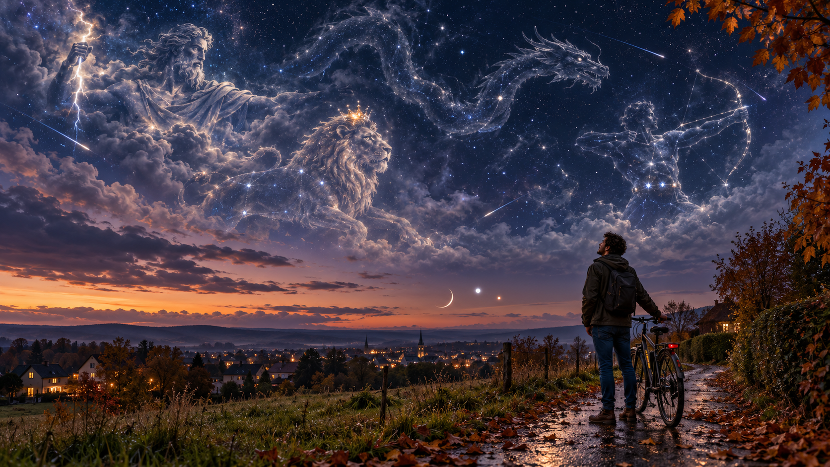 Kosmische News Person mit Fahrrad betrachtet Jupiter, den Löwen Regulus, den Himmelsdrachen Draco und Orion am mystischen Oktoberhimmel