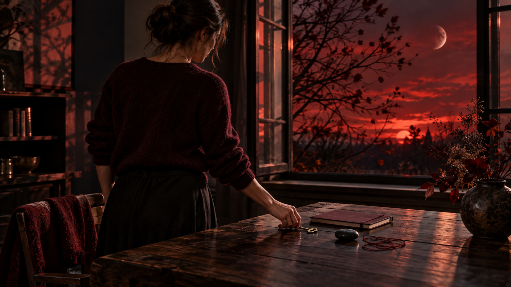 Mondkalender 15.–19. Oktober 2026: Eine Frau legt in einem dunklen Raum einen Schlüssel auf einen Holztisch. Durch das offene Fenster fällt tiefrotes Herbstlicht und symbolisiert innere Wandlung, Selbstwert und eine bewusst getroffene Entscheidung.