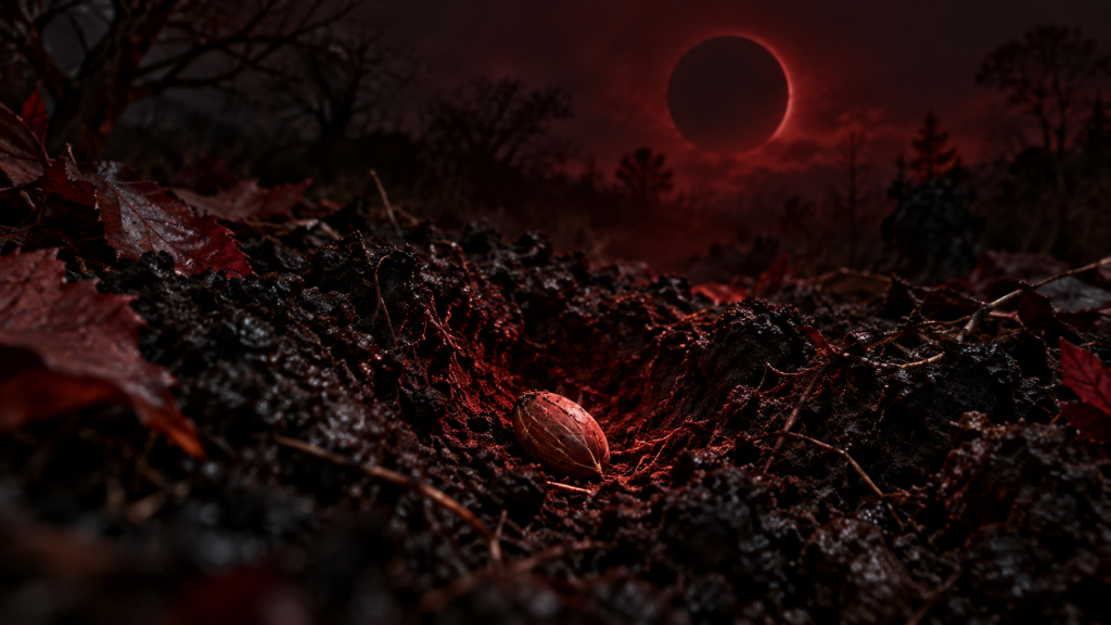 Mondkalender 9.–11. Oktober 2026: Ein Samen liegt in schwarzer Erde unter einem dunkelroten Neumond und symbolisiert den verborgenen Beginn eines neuen Mondzyklus.