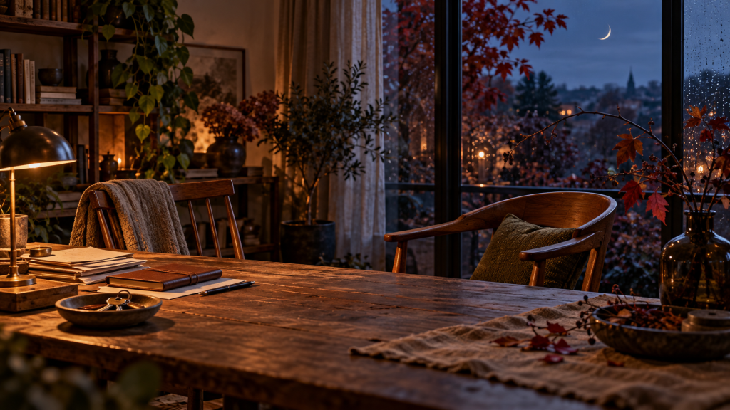 Mondkalender 12.–14. Oktober 2026: Herbstliches Arbeitszimmer mit geordneten Unterlagen, zwei Holzstühlen und einem langen Tisch vor einem regennassen Fenster. Draußen leuchtet eine schmale Mondsichel über roten Herbstblättern.