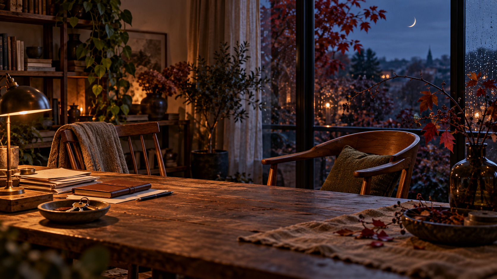 Mondkalender 12.–14. Oktober 2026: Herbstliches Arbeitszimmer mit geordneten Unterlagen, zwei Holzstühlen und einem langen Tisch vor einem regennassen Fenster. Draußen leuchtet eine schmale Mondsichel über roten Herbstblättern.